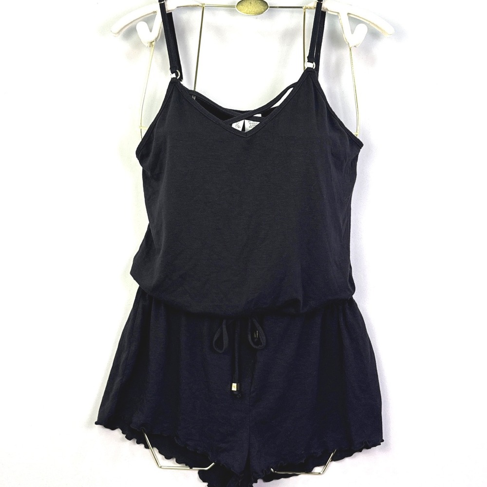Salt + Cove Womens Black Lattice V-Neck Cami Romper Lettuce Hem Small